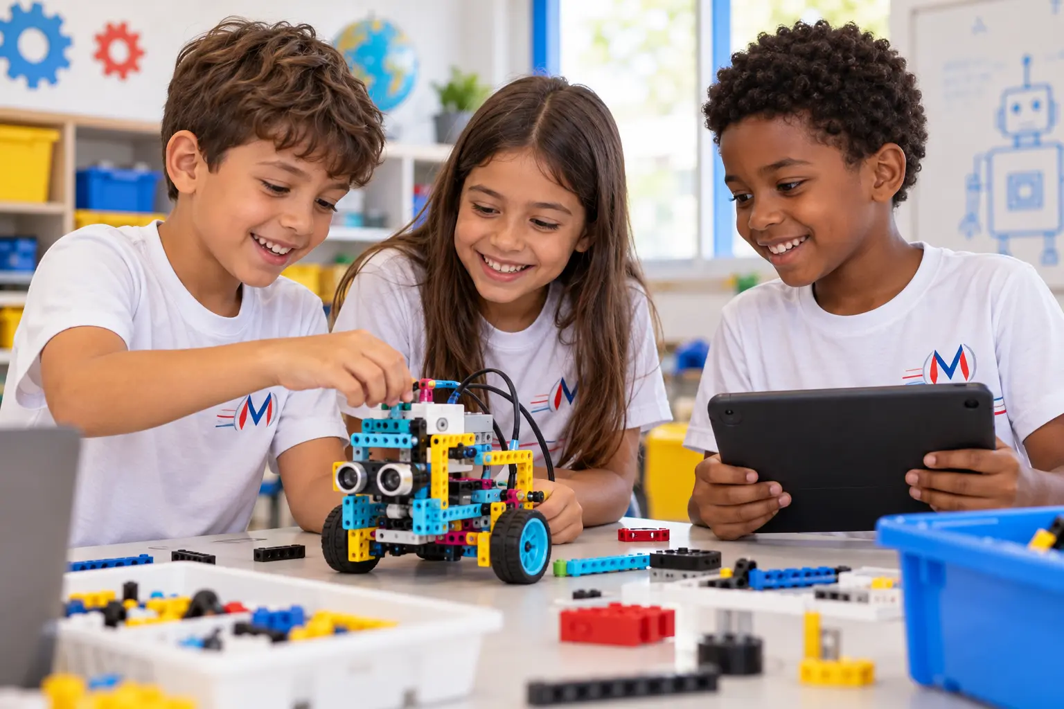 Alunos do Colégio Maia montando um robô educativo