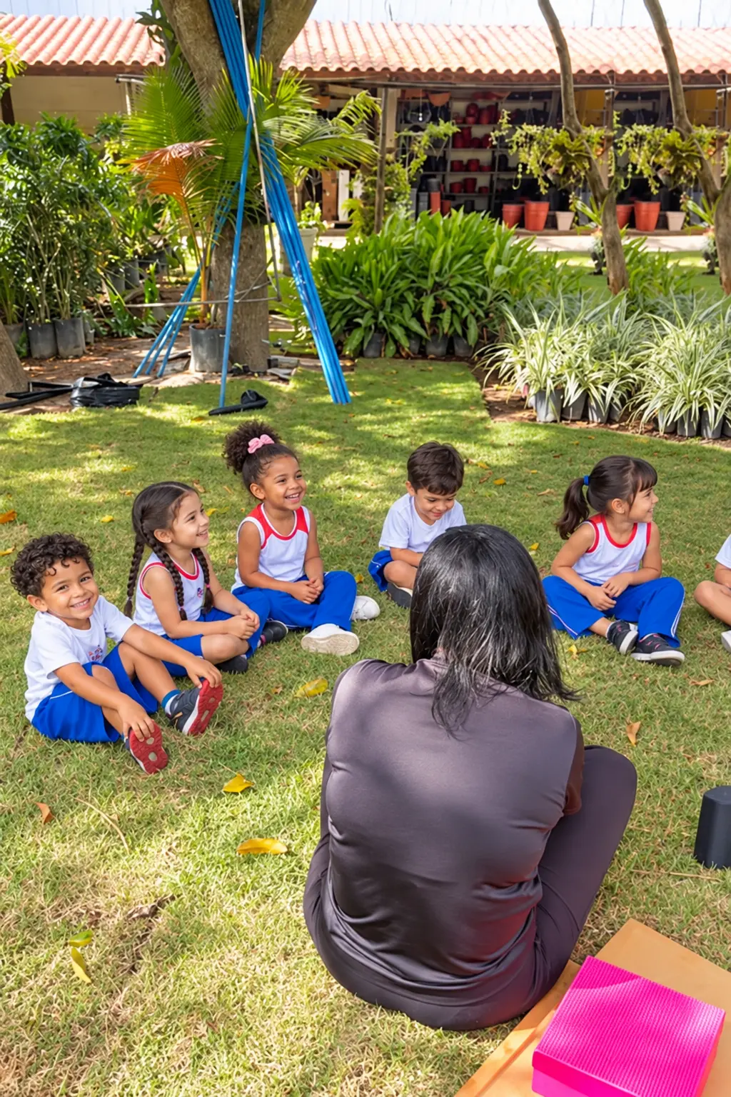 Crianças do Colégio Maia em roda de conversa no jardim da escola